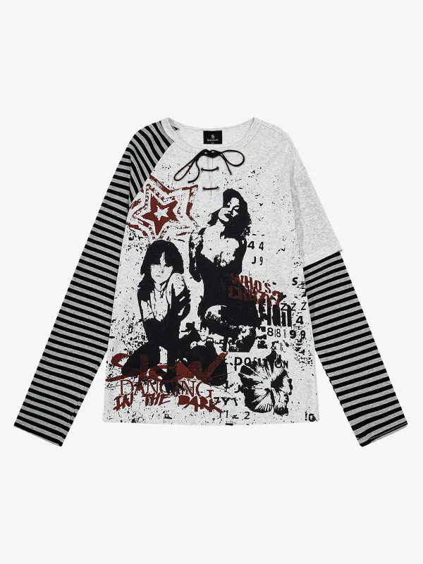 Y2K Cyber-Grunge Striped Patchwork Graphic T-Shirt made by Thesupermade
