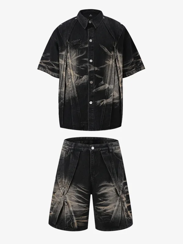 Washed Black Branch Print Deconstructed Denim Set made by Thesupermade