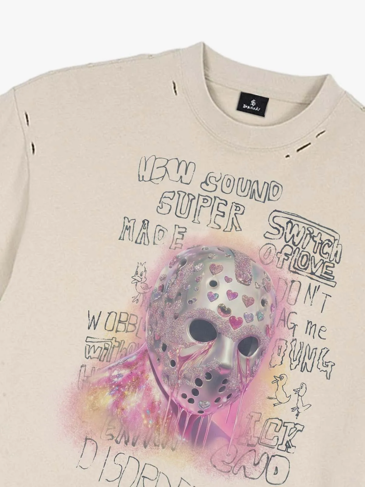 Distressed Heart Cutout Skull Mask Graphic T-Shirt sold by Thesupermade product image thumbnail 3