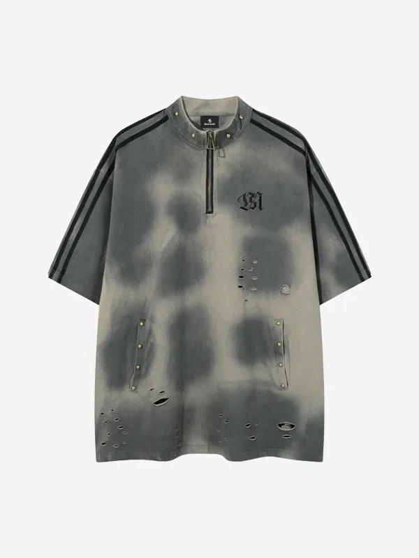 Vintage Tie Dye Distressed Zip Neck T-Shirt made by Thesupermade
