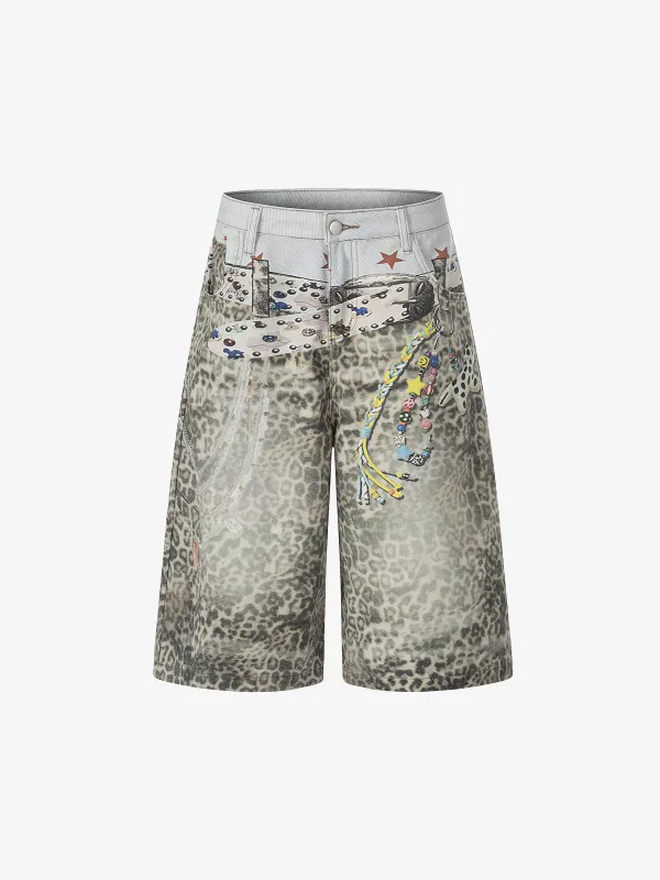 Charm Detail Leopard Denim Shorts made by Thesupermade