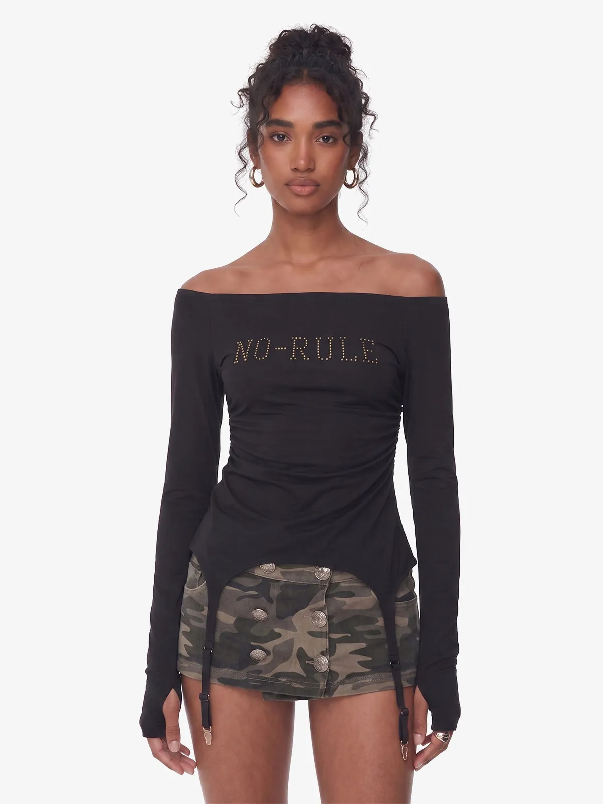 Rhinestone Letter Garter Long-Sleeve Top sold by Thesupermade
