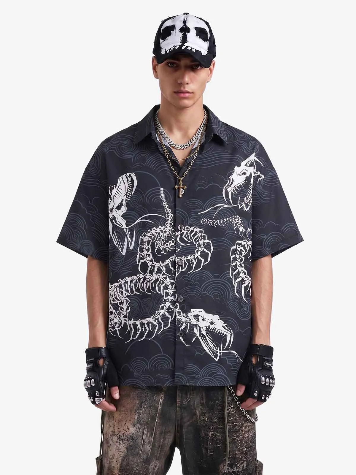 Japanese Wave Dragon Skeleton Camp Collar Shirt sold by Thesupermade