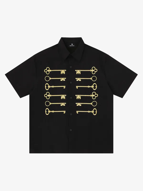 Black Cotton Button Up Shirt with Gold Embroidered Key Motif made by Thesupermade