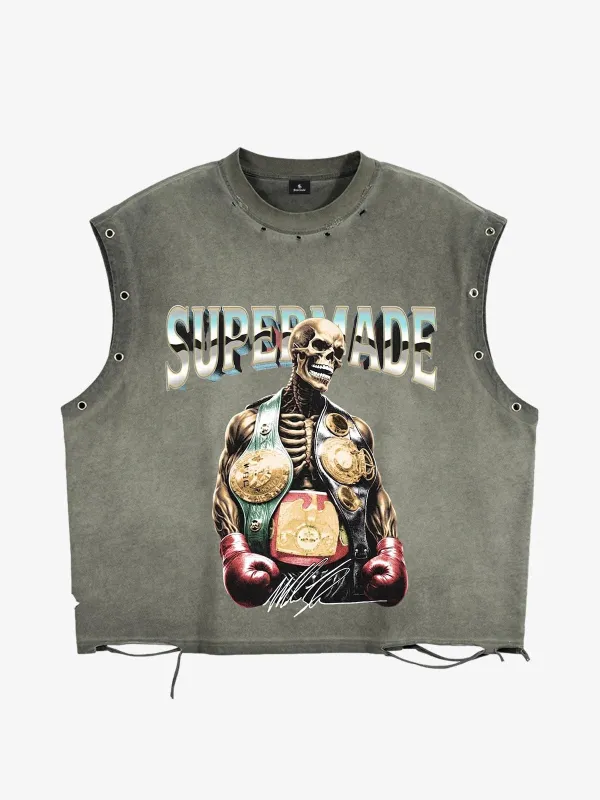 Distressed Sleeveless Tank Top with Punk Boxing Skull Print made by Thesupermade