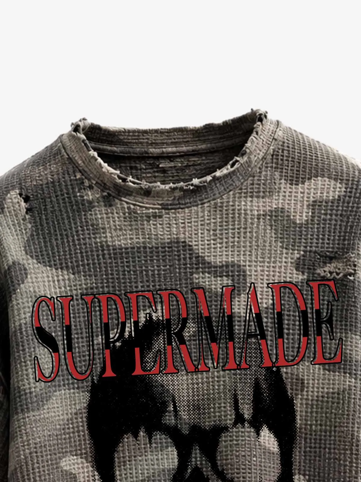Distressed Waffle Knit Camo Long Sleeve with Skull Print sold by Thesupermade product image thumbnail 4