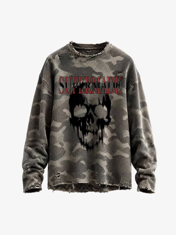 Distressed Waffle Knit Camo Long Sleeve with Skull Print made by Thesupermade