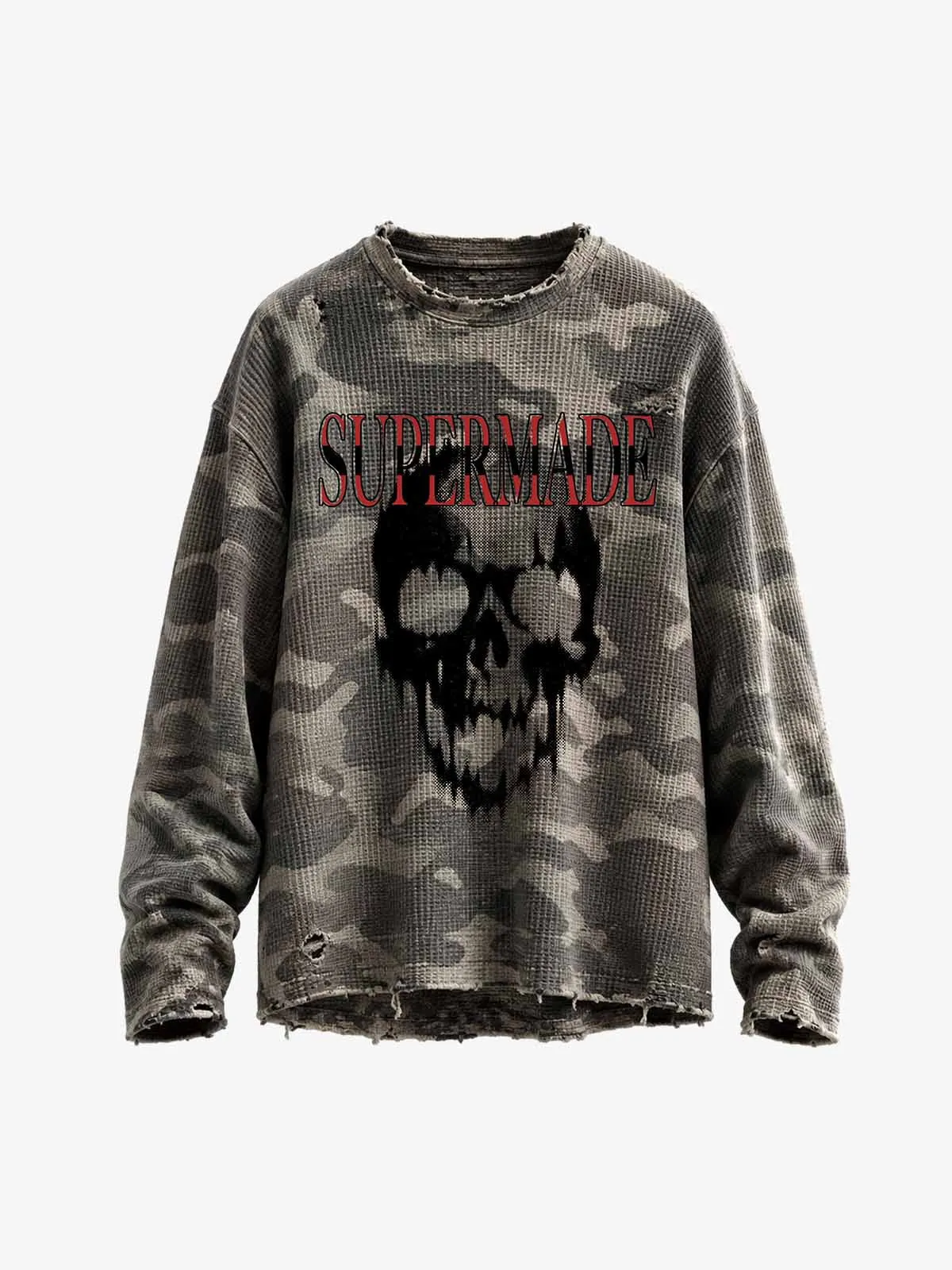 Distressed Waffle Knit Camo Long Sleeve with Skull Print sold by Thesupermade