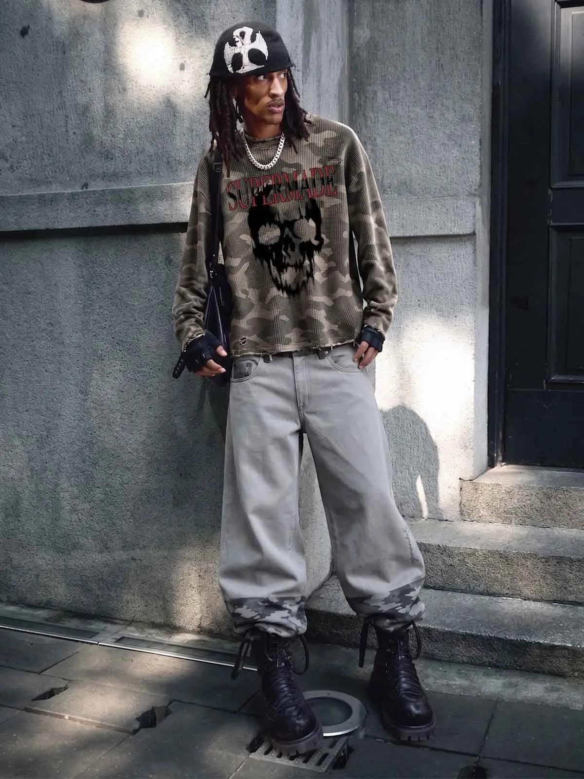 Distressed Waffle Knit Camo Long Sleeve with Skull Print sold by Thesupermade product image thumbnail 2