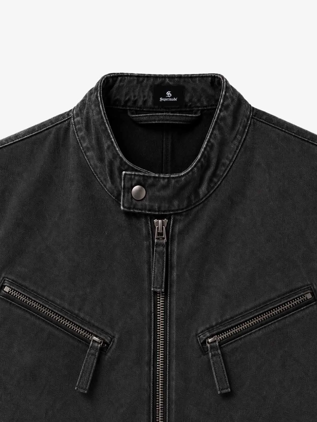 Cropped Distressed-wash Canvas Biker Jacket sold by Thesupermade product image thumbnail 3