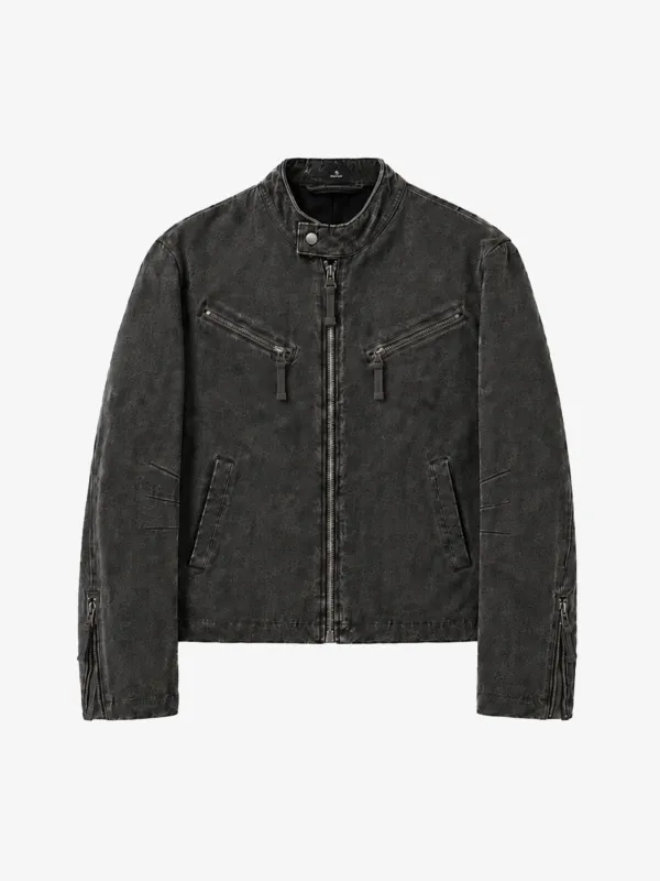 Cropped Distressed-wash Canvas Biker Jacket made by Thesupermade