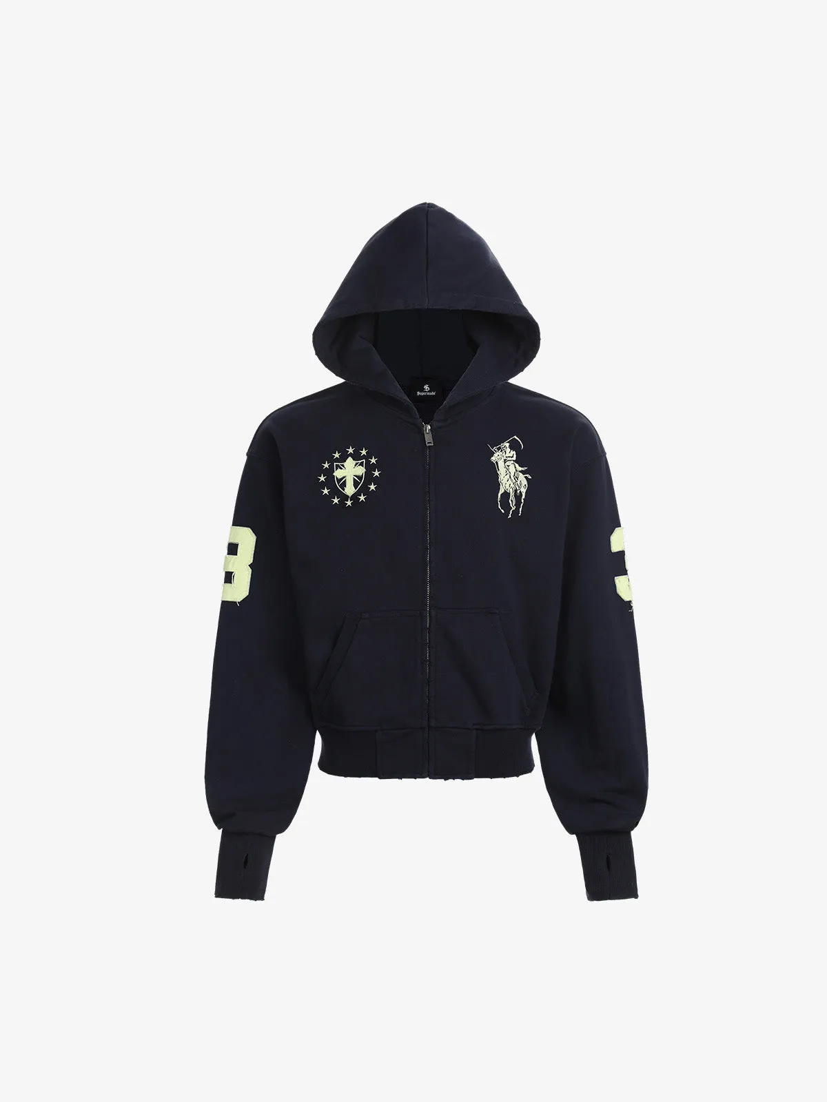 Streetwear Knight Horse Embroidered Cropped Zip-Up Hoodie sold by Thesupermade product image thumbnail 3
