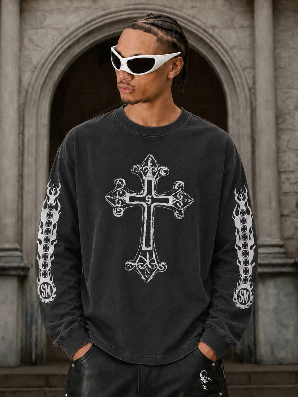 Cross Flame Graphic Distressed Long Sleeve Tee sold by Thesupermade product image thumbnail 2