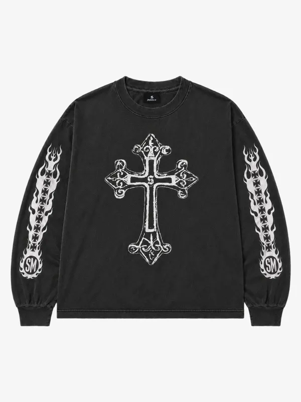 Cross Flame Graphic Distressed Long Sleeve Tee made by Thesupermade