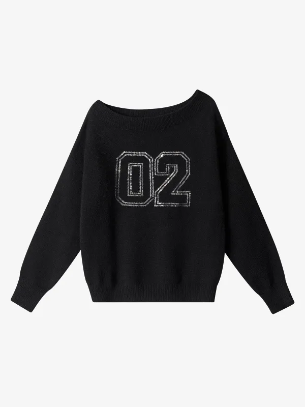 Off-Shoulder Sequin Number Graphic Sweater made by Thesupermade