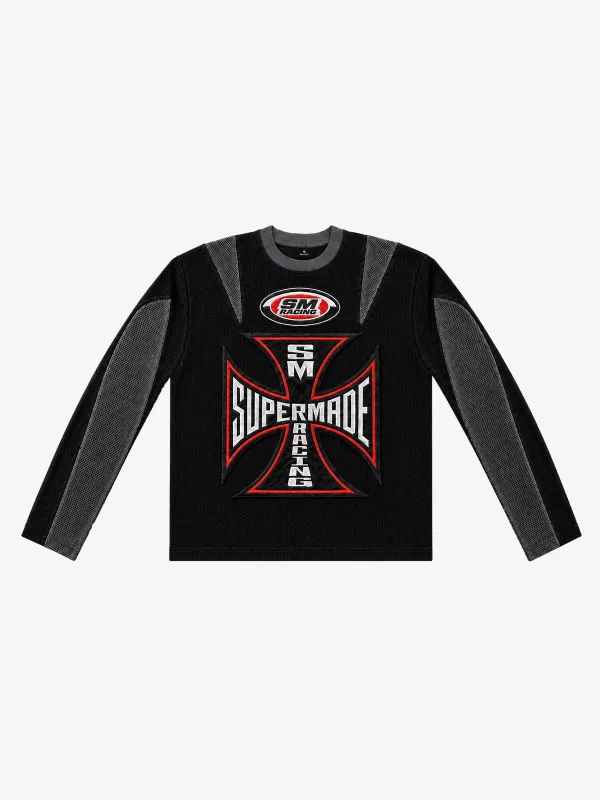 Cross Racing Embroidered Mesh Paneled Cropped Top made by Thesupermade