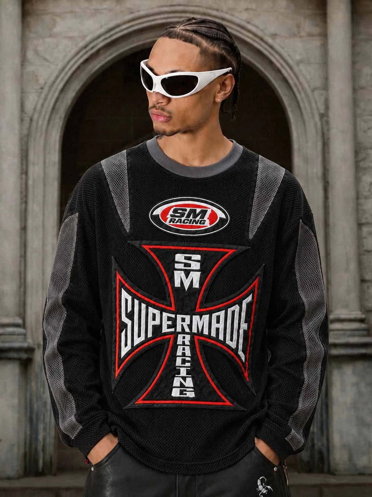 Cross Racing Embroidered Mesh Paneled Cropped Top sold by Thesupermade product image thumbnail 2