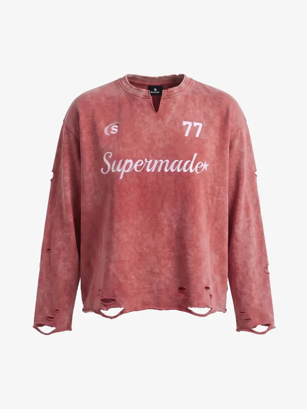 Embroidered Ripped Distressed Long Sleeve Tee made by Thesupermade