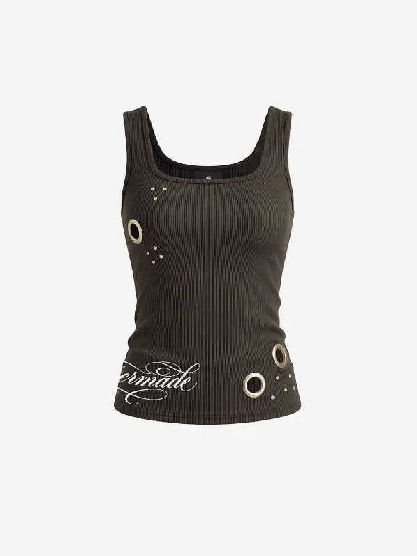 Letter Embroidered Rhinestone Eyelet Ribbed Tank Top made by Thesupermade
