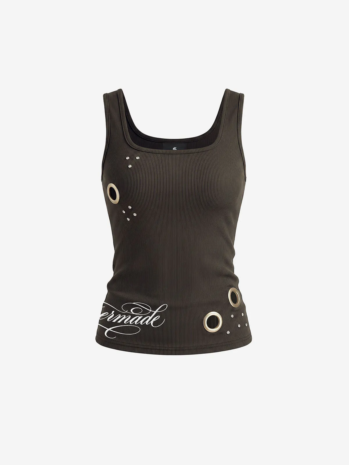 Letter Embroidered Rhinestone Eyelet Ribbed Tank Top sold by Thesupermade