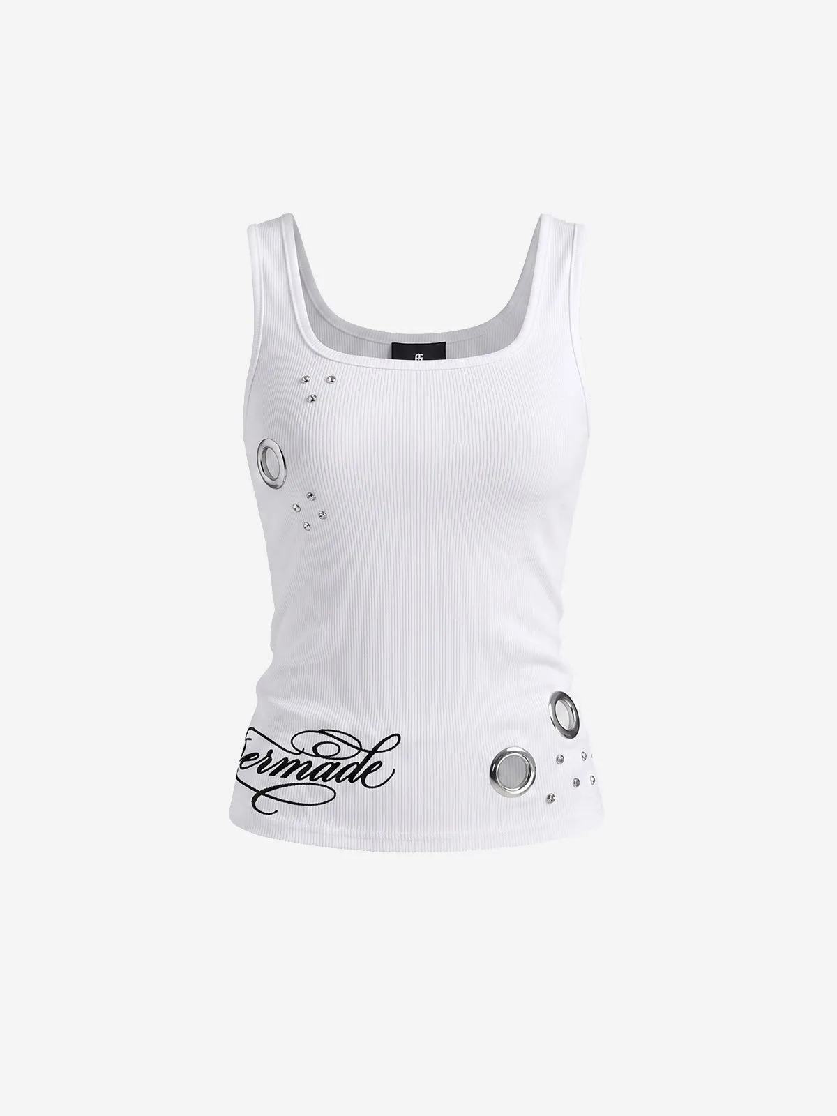 Letter Embroidered Rhinestone Eyelet Ribbed Tank Top sold by Thesupermade product image thumbnail 3