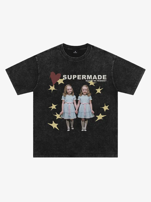 Washed Distressed Twin‑Graphic Tee made by Thesupermade