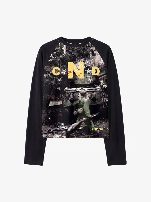 All-Over Battlefield Anti-War Graphic Raglan Long Sleeve Tee made by Thesupermade