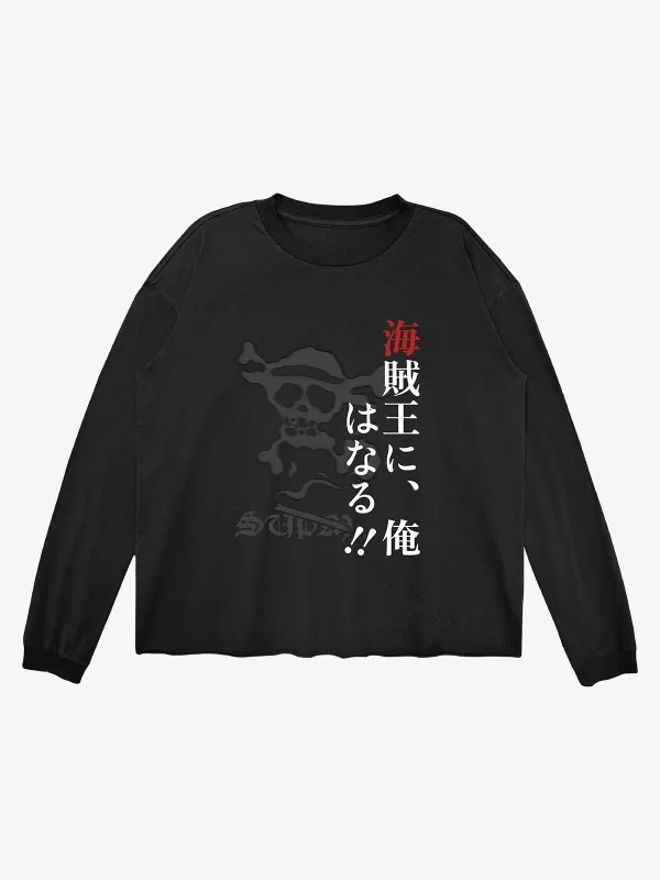Pirate Skull Text Graphic Distressed Long Sleeve Tee made by Thesupermade