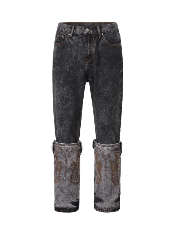 Thesupermade Acid wash Embroidery Stitching Two-tone Jeans - 1744 sold by Thesupermade