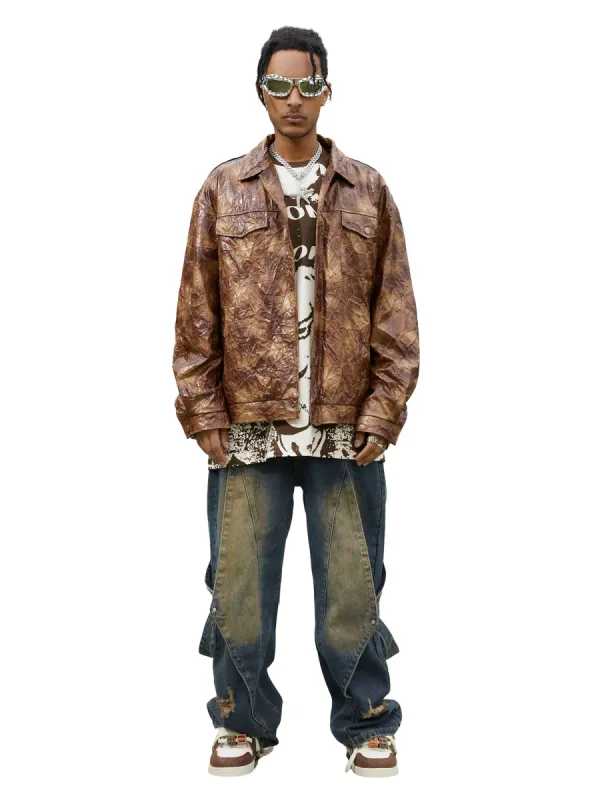 Thesupermade Leather Pleated Slim Fit Brown Jacket sold by Thesupermade