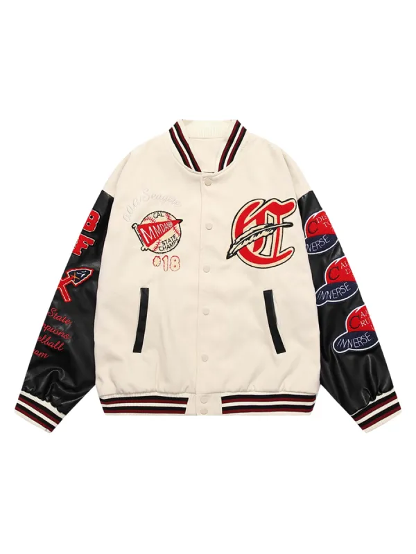 Patchwork PU Leather Embroidered Alphabet Baseball Jacket-1819 sold by Thesupermade