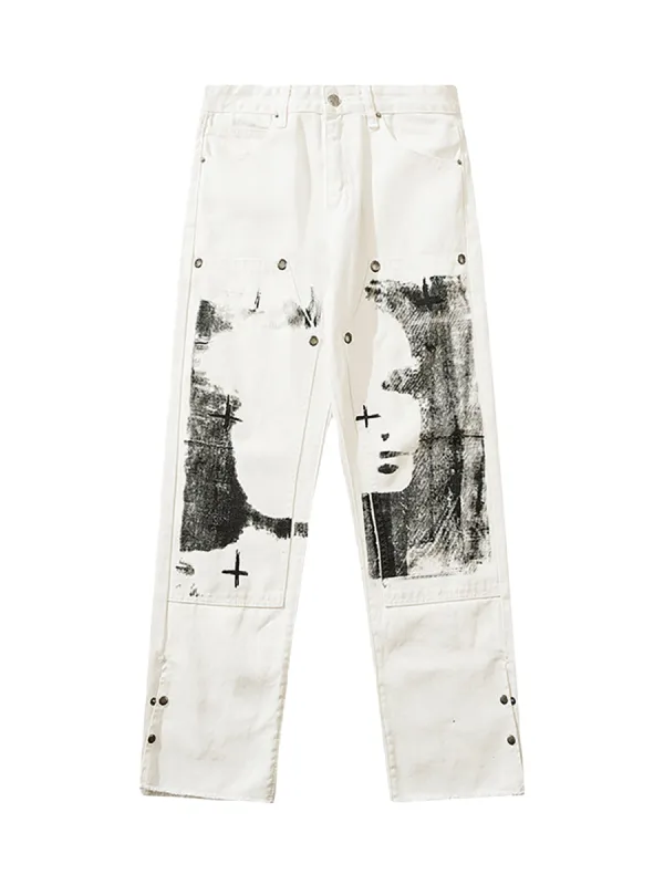 The Supermade Graffiti Print White Straight Jeans -1184 sold by Thesupermade