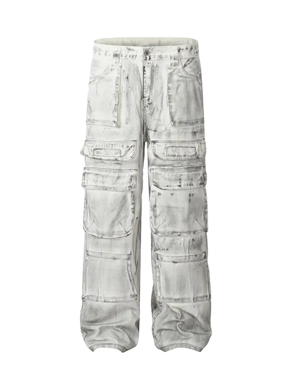 Thesupermade Loose-fitting Multi-pocket Smudged Design Work Jeans - 2120 sold by Thesupermade