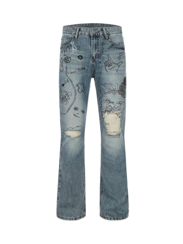 Thesupermade Washed Graffiti Ripped Jeans sold by Thesupermade