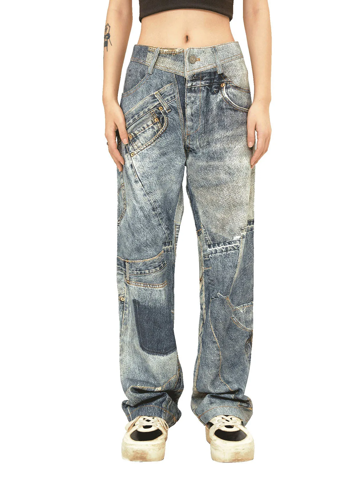 Thesupermade Street Hip-Hop Deconstructed Print Jeans sold by Thesupermade