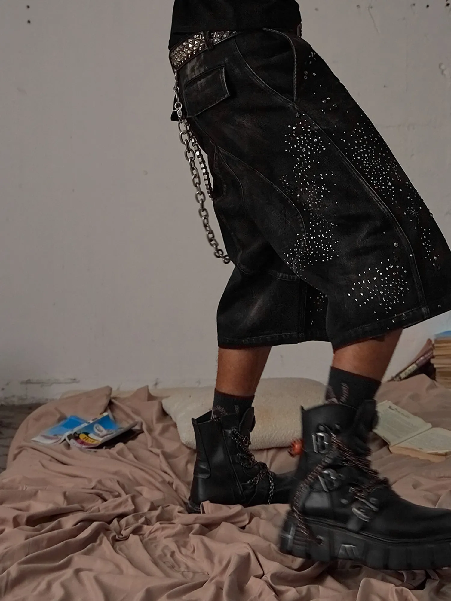 Thesupermade Dye Washed Distressed Diamond Denim Jorts sold by Thesupermade product image thumbnail 5