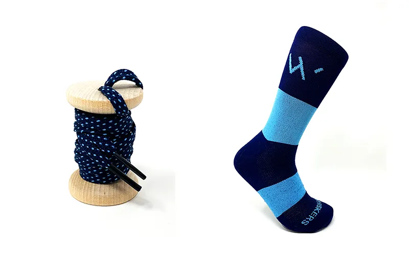 45" Navy & Light Blue Flat Ticked Sneaker Lace + Navy & Light Blue Banded Jacques Sock sold by Whiskers Laces