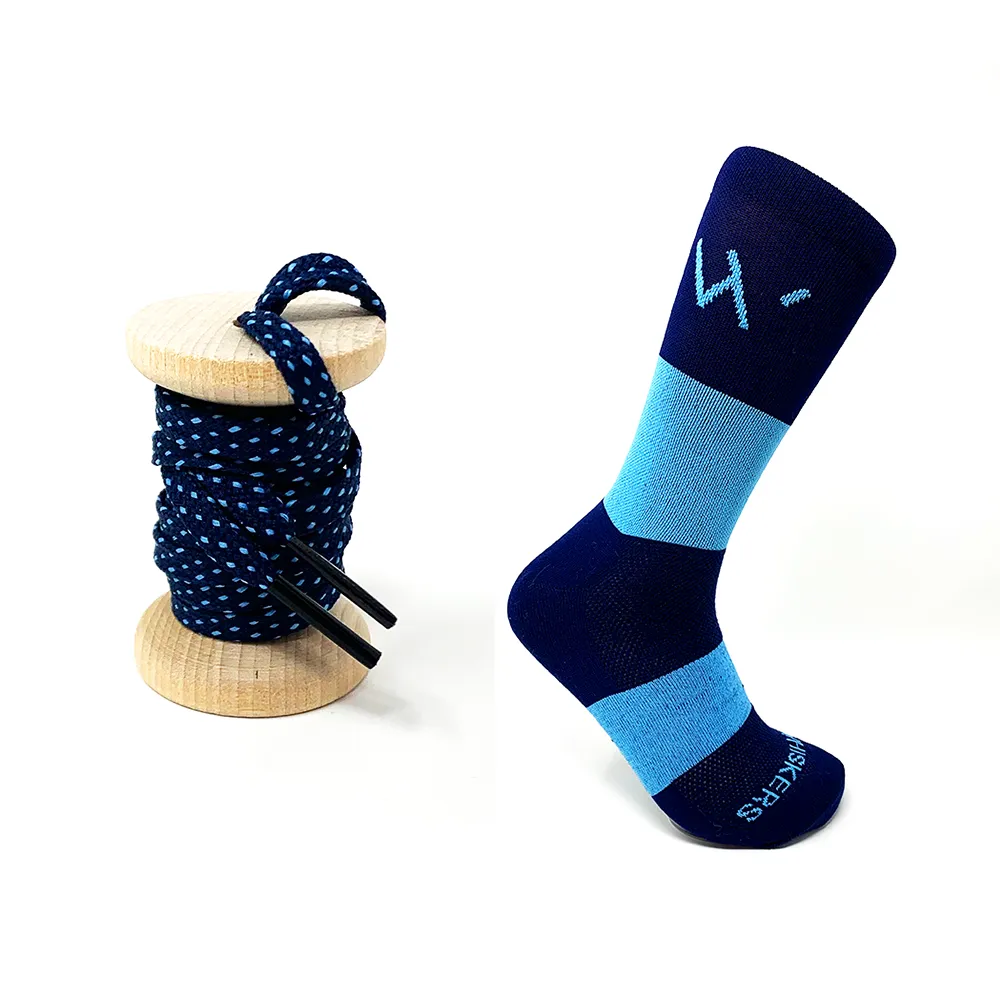 45" Navy & Light Blue Flat Ticked Sneaker Lace + Navy & Light Blue Banded Jacques Sock sold by Whiskers Laces product image thumbnail 2