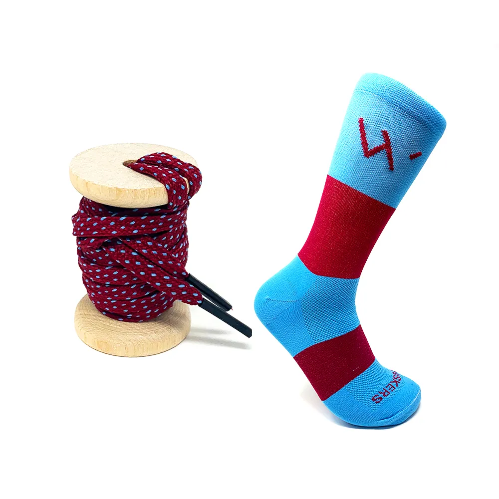 45" Garnet & Light Blue Flat Ticked Sneaker Lace + Garnet & Light Blue Banded Jacques Sock sold by Whiskers Laces product image thumbnail 2