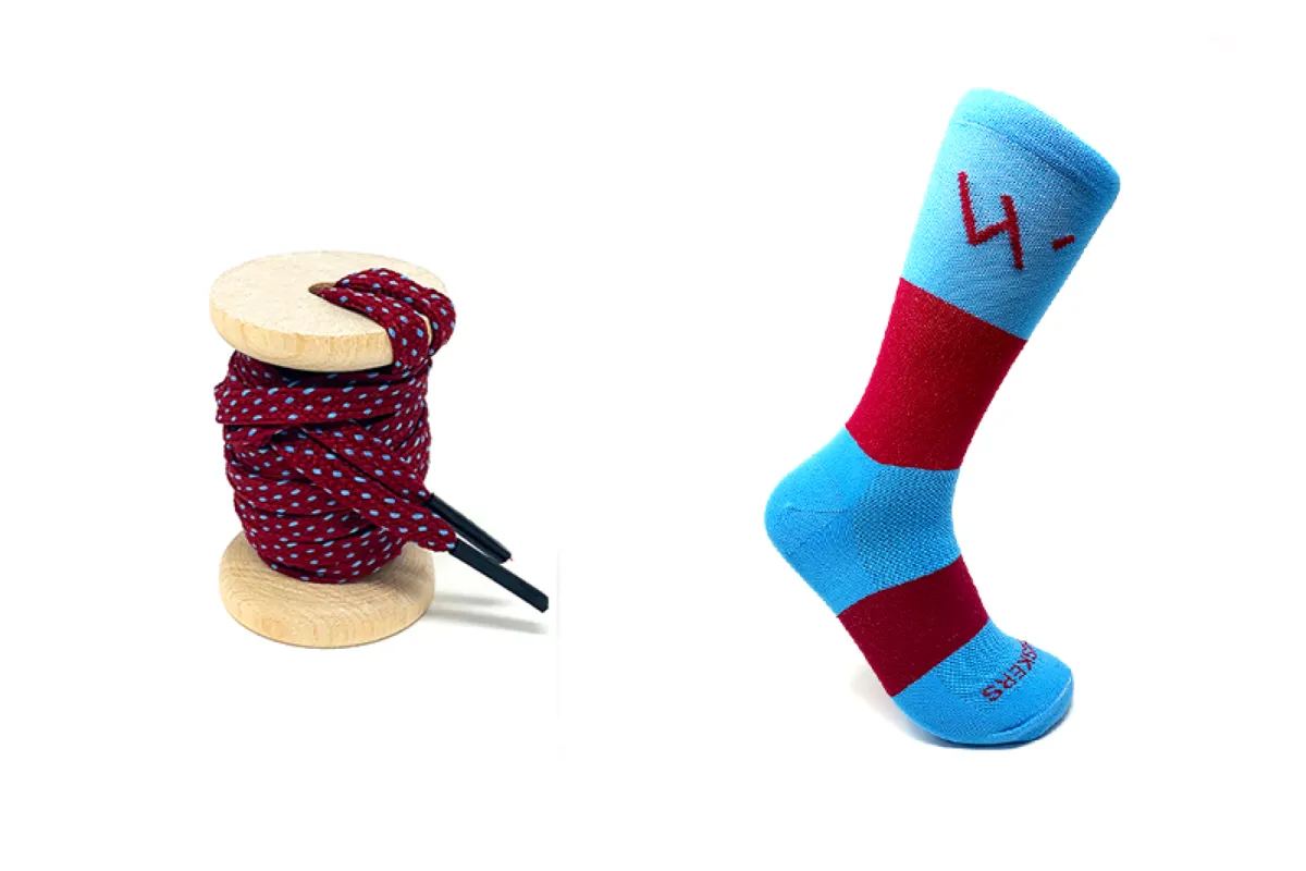 45" Garnet & Light Blue Flat Ticked Sneaker Lace + Garnet & Light Blue Banded Jacques Sock sold by Whiskers Laces