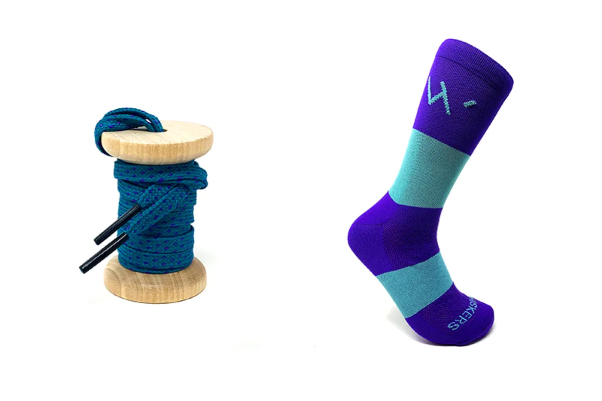 45" Teal & Purple Flat Ticked Sneaker Lace + Purple & Teal Banded Jacques Sock sold by Whiskers Laces