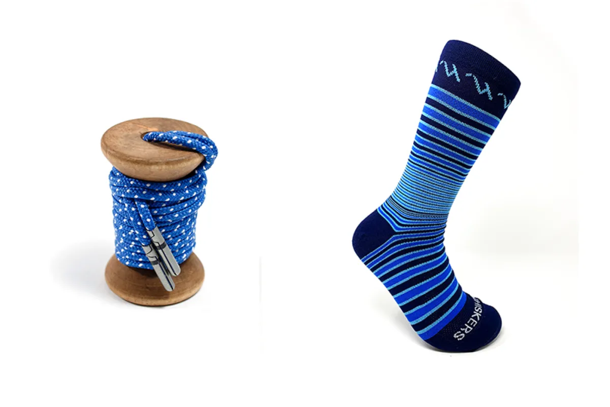 Blue & White Ticked Dress Laces + Blue, Light Blue & Navy Striped Jacques Sock sold by Whiskers Laces