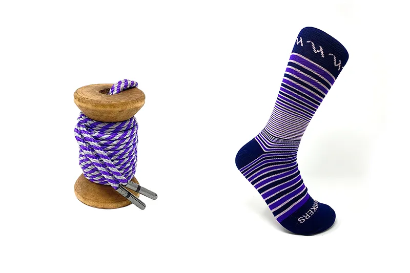 Purple & Gray Striped Dress Lace + Purple, Navy & Light Pink Striped Jacques Sock sold by Whiskers Laces