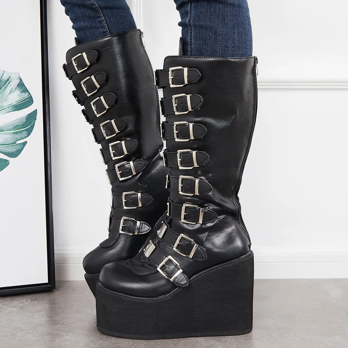 Goth Platform Knee High Boots Punk Wedge High Heel Motorcycle Boots sold by Tinstree product image thumbnail 4