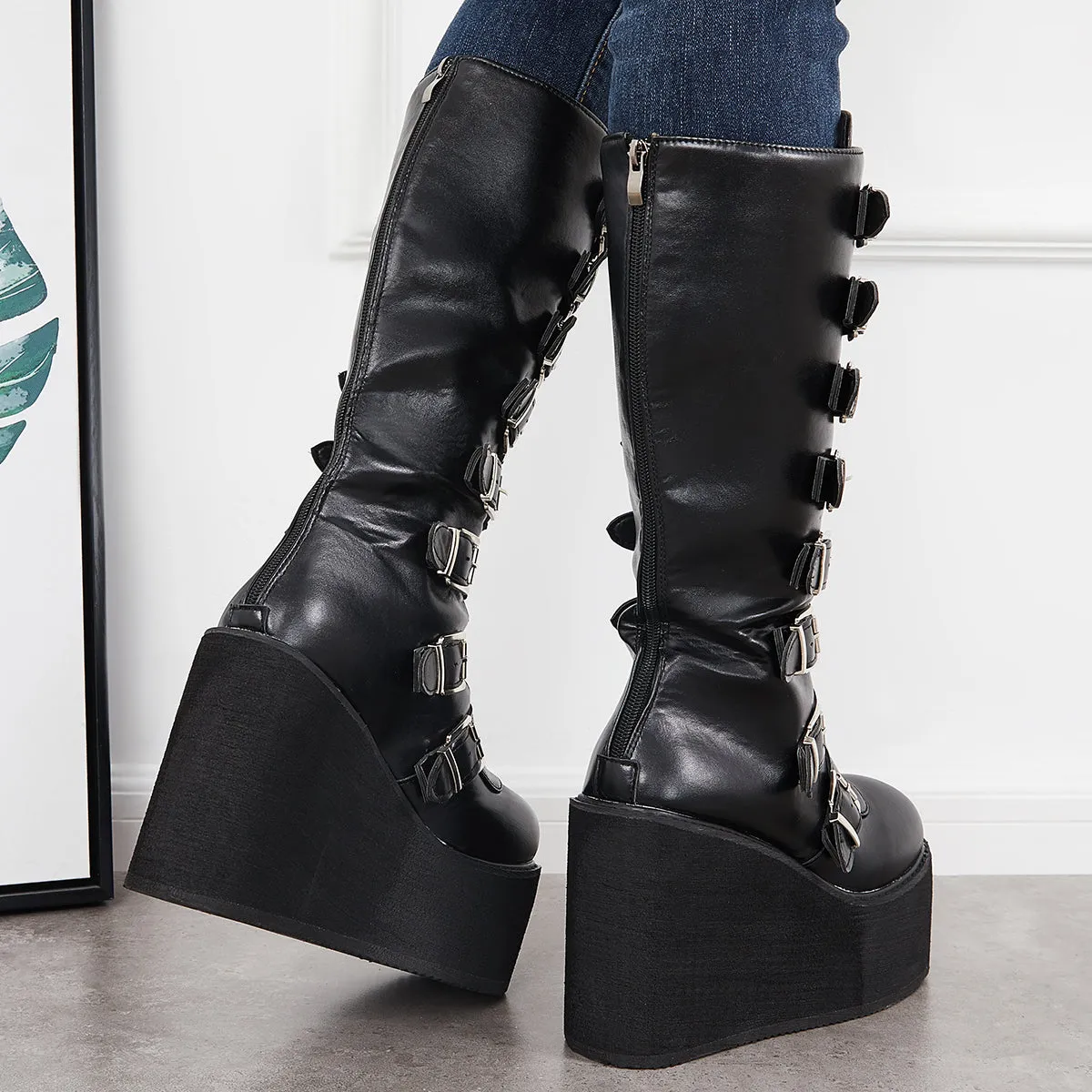 Goth Platform Knee High Boots Punk Wedge High Heel Motorcycle Boots sold by Tinstree product image thumbnail 5