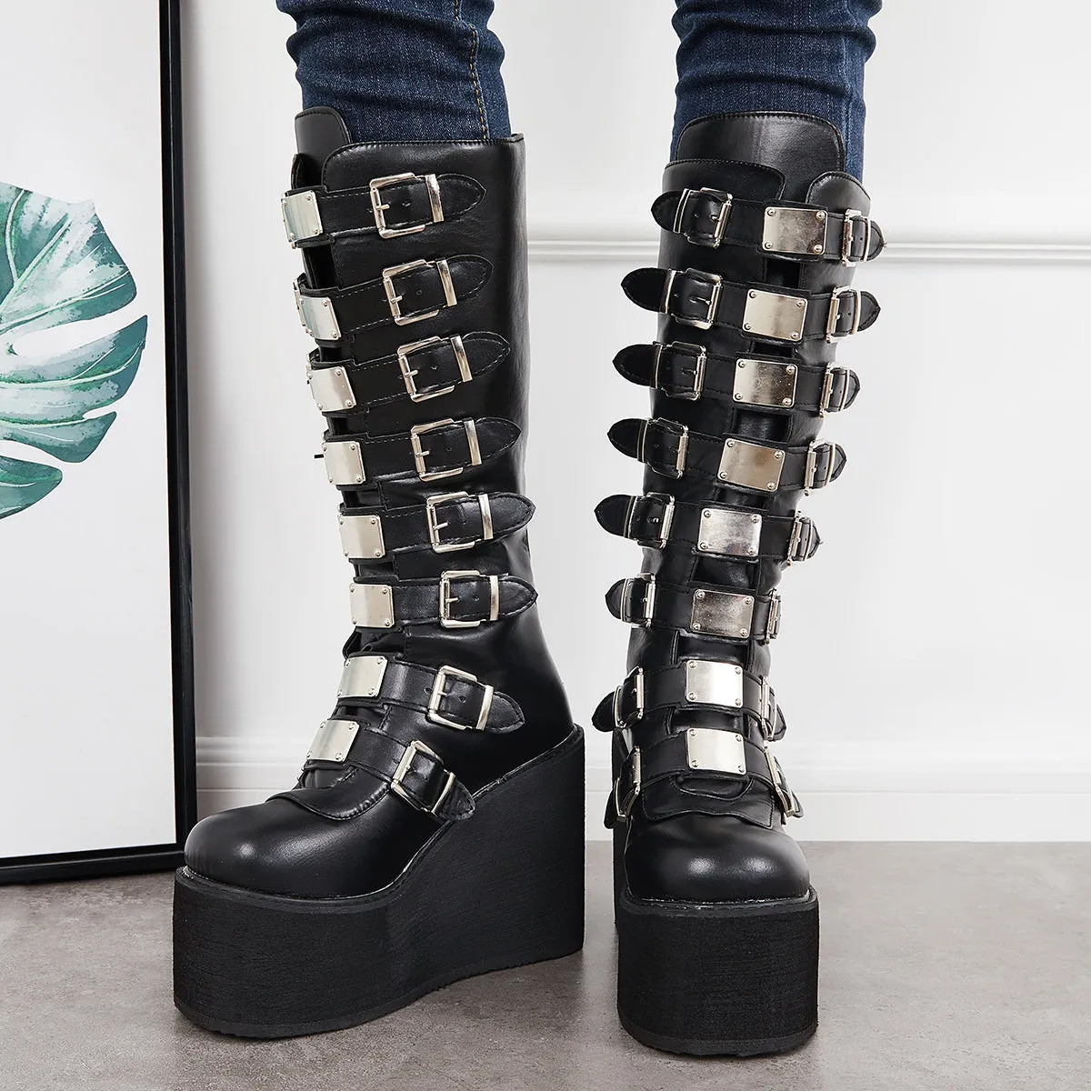 Goth Platform Knee High Boots Punk Wedge High Heel Motorcycle Boots sold by Tinstree product image thumbnail 2
