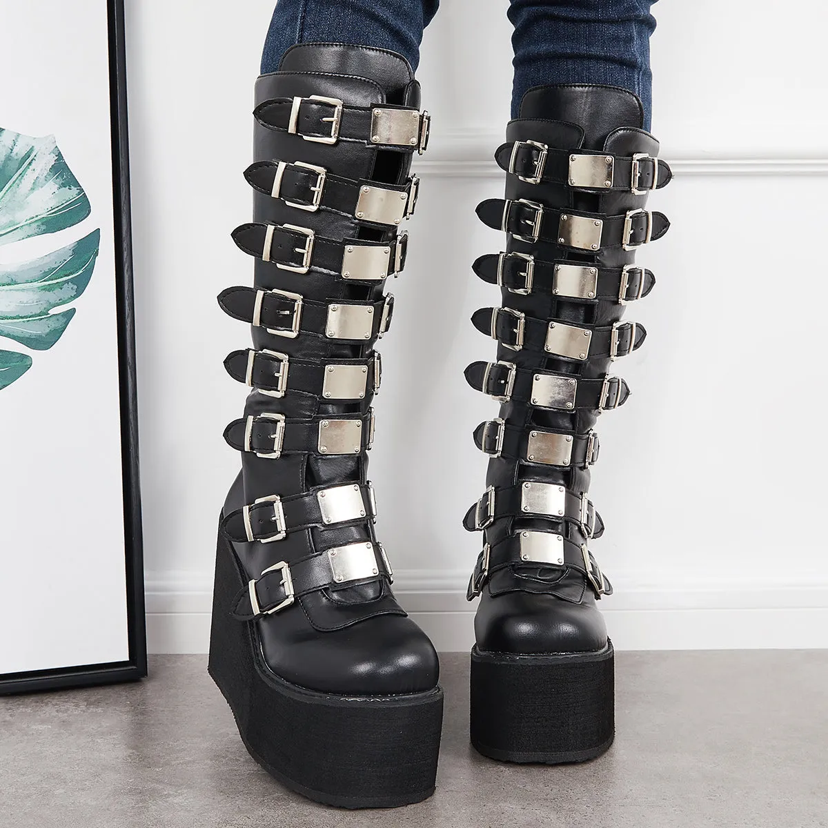 Goth Platform Knee High Boots Punk Wedge High Heel Motorcycle Boots sold by Tinstree product image thumbnail 3