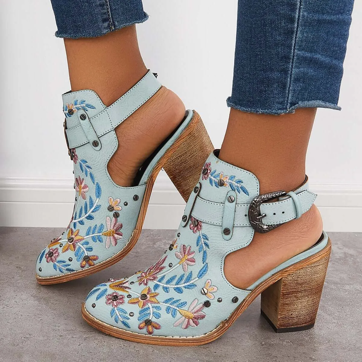 Cutout Embroidered Chunky Heels Ankle Strap Slingback Sandals sold by Tinstree product image thumbnail 2