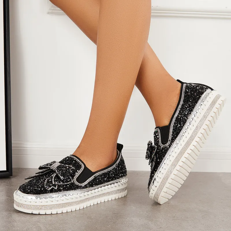 Glitter Bowknot Platform Loafers Slip on Walking Shoes sold by Tinstree