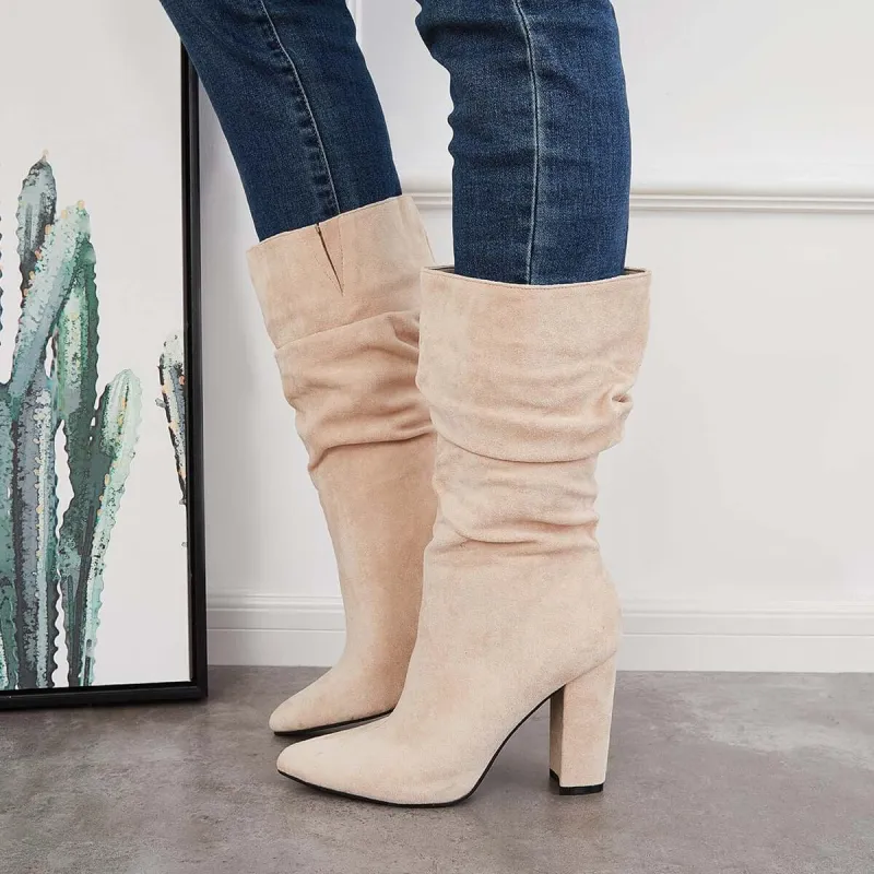 Slouch Mid Calf Boots Wide Calf Chunky High Heel Boots sold by Tinstree